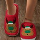 Fiery Red Christmas Reindeer Pattern Thick Sole Plush Slippers