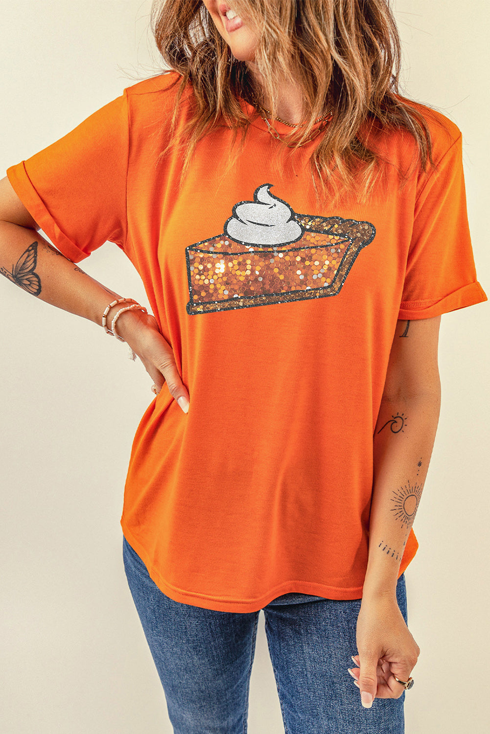 Orange Pumpkin Pie Graphic Cuffed Sleeve Crew Neck Tee