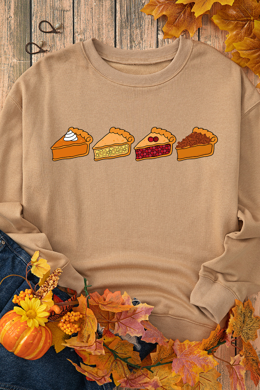 Khaki Thanksgiving Pie Print Drop Shoulder Sweatshirt