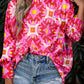 Strawberry Pink Geometric Print Shirred Cuff 3/4 Sleeve Loose Blouse