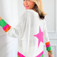 White Star Pattern Colorblock Striped Edge Drop Shoulder Sweater