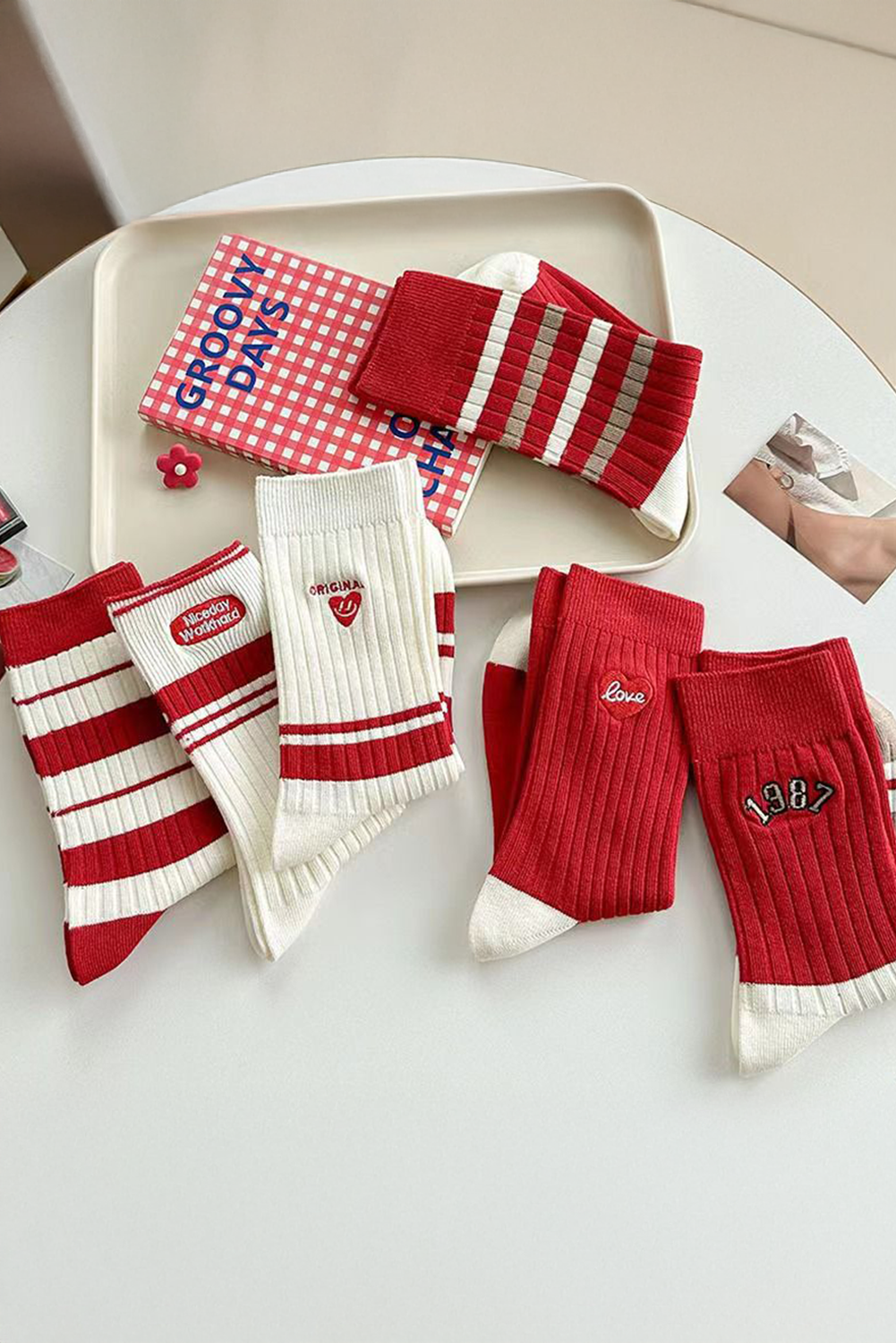 Racing Red Love Embroidered Ribbed Color Block Crew Socks