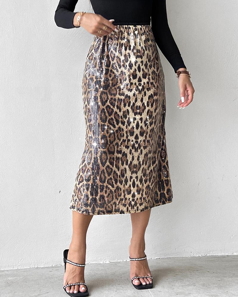 Leopard Pattern Allover Sequin Skirt