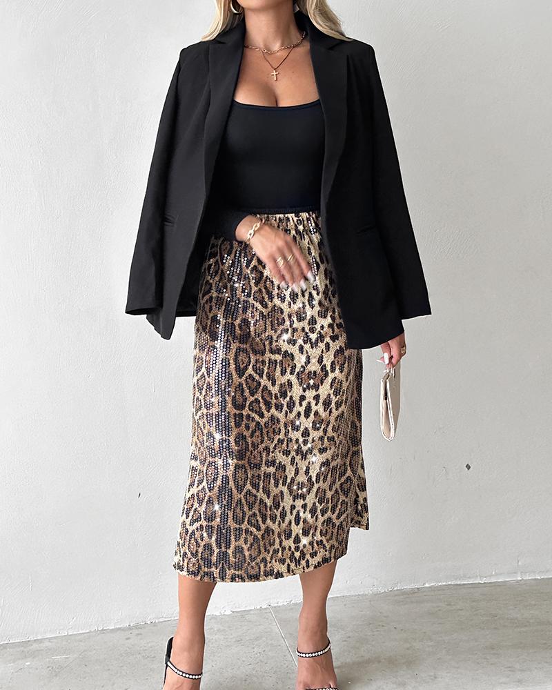 Leopard Pattern Allover Sequin Skirt