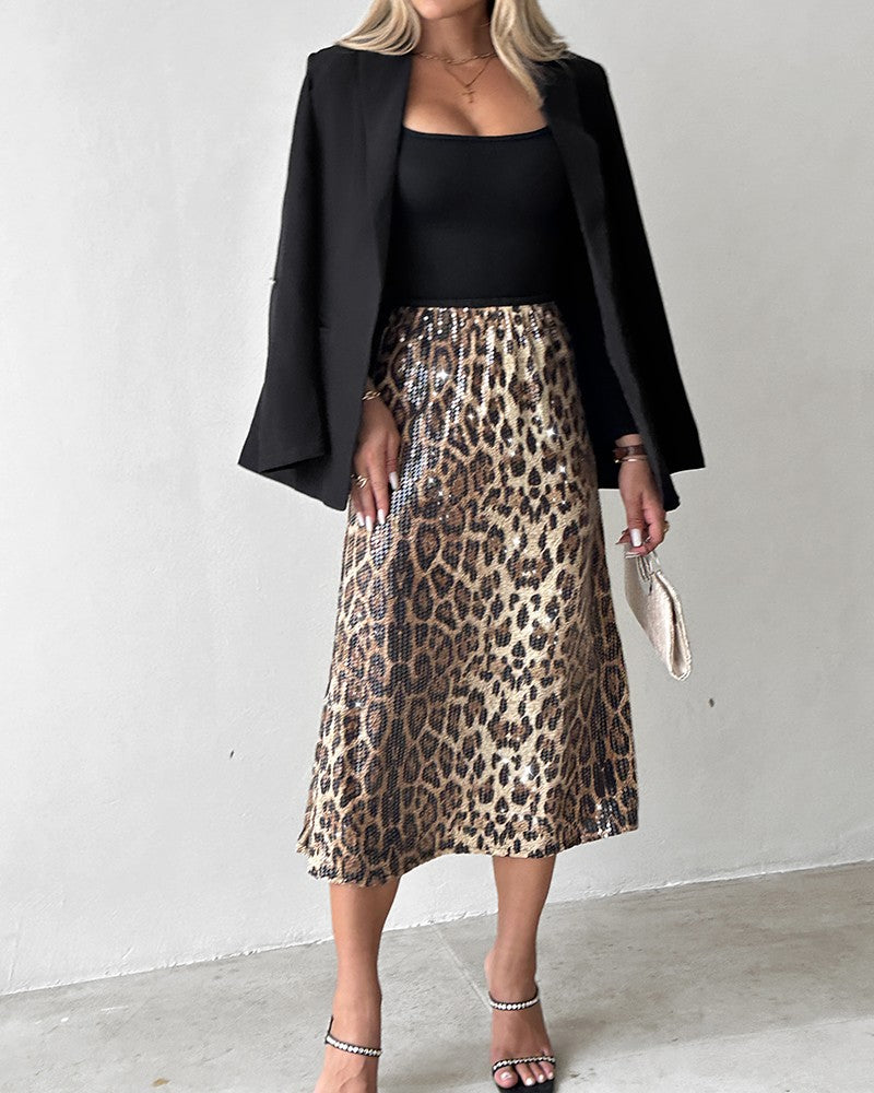 Leopard Pattern Allover Sequin Skirt