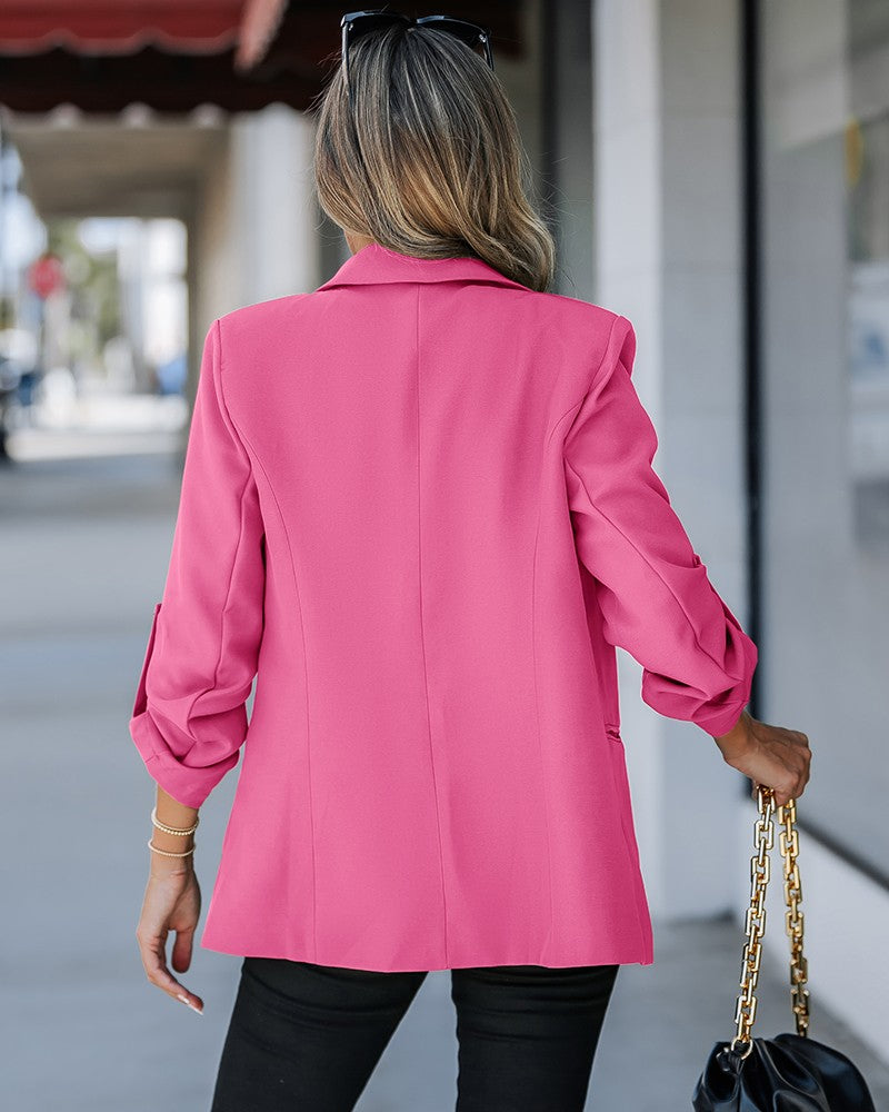 Notched Collar Roll Up Sleeve Blazer Coat