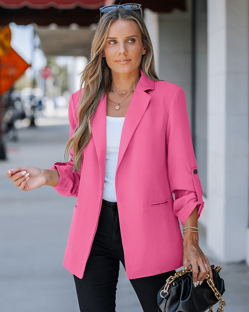 Notched Collar Roll Up Sleeve Blazer Coat