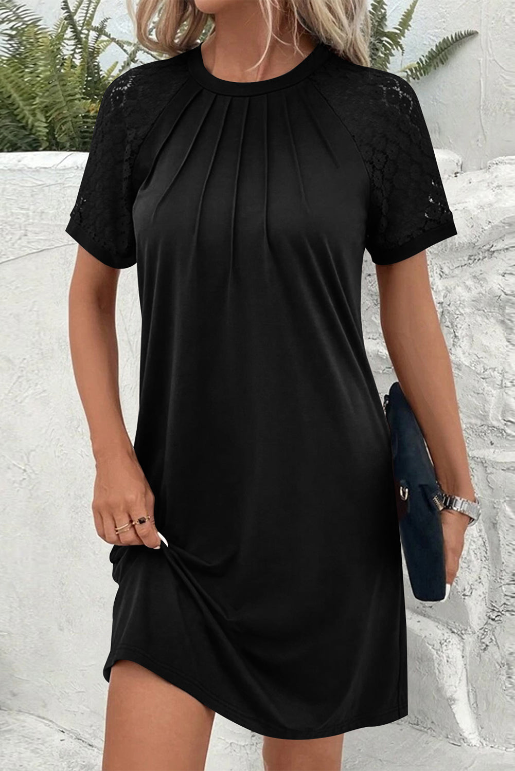 Black Contrast Lace Raglan Sleeve Pleated Detail Shift Dress