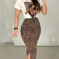 Figure Print Top & Leopard Print Slit Skirt Set