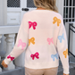 White Valentine Bow Print Crew Neck Drop Shoulder Sweater