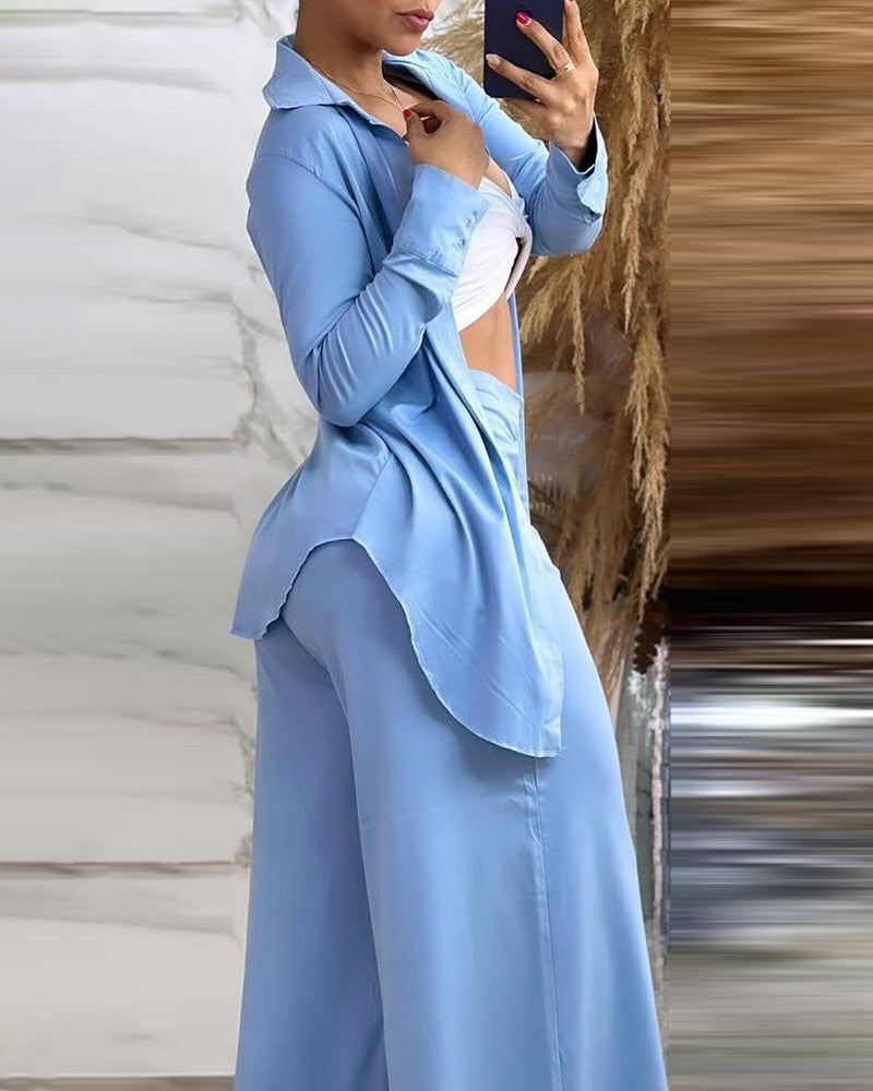 Buttoned Asymmetrical Hem Shirt & Pocket Design Wide Leg Pants Set