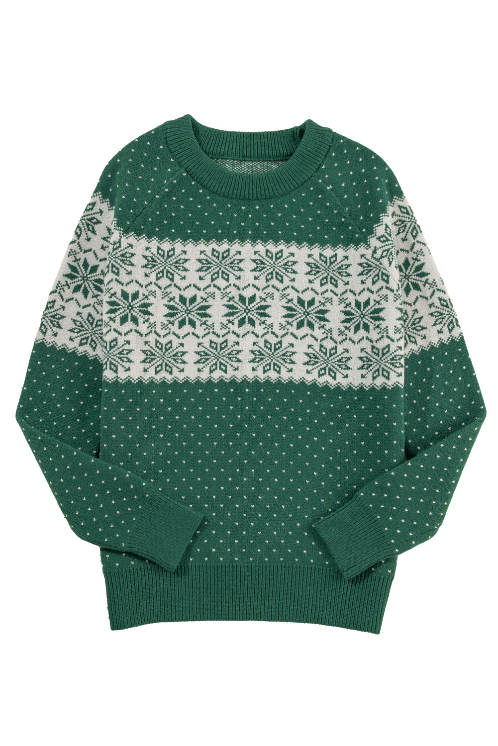 Green Christmas Snowflake Dotted Print Round Neck Sweater