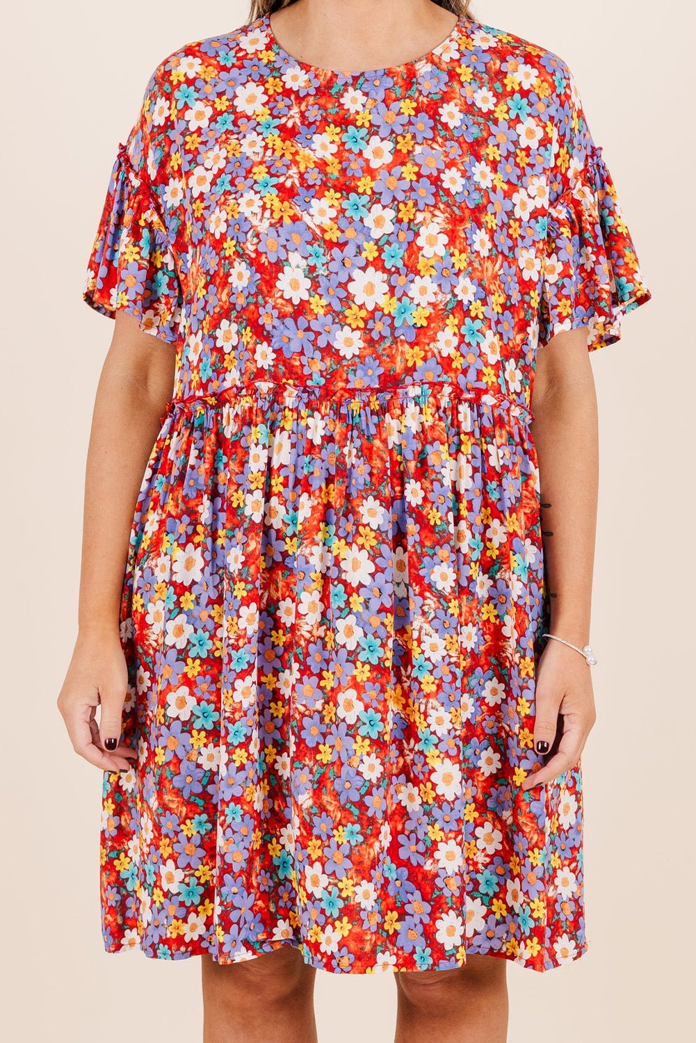 Red Dainty Flower Printed Plus Size Short Sleeve Shift Dress