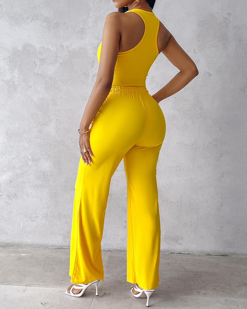 U Neck Bodysuit & Drawstring Cutout Wide Leg Pants Set