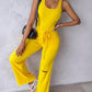 U Neck Bodysuit & Drawstring Cutout Wide Leg Pants Set