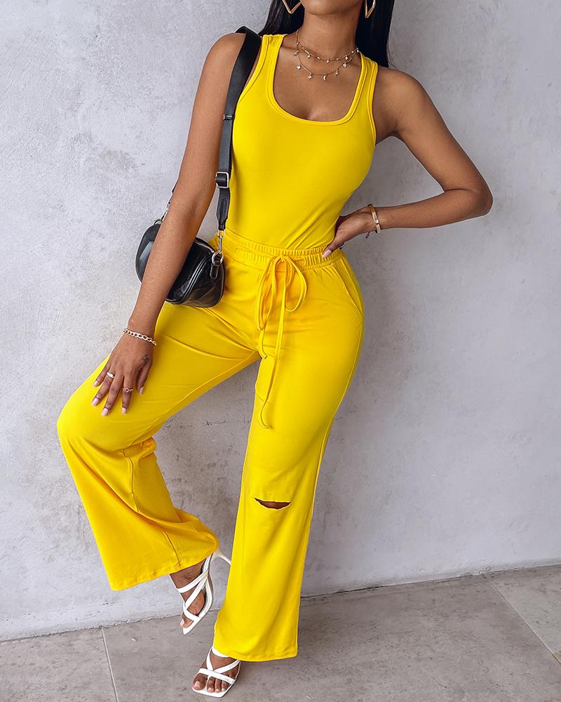 U Neck Bodysuit & Drawstring Cutout Wide Leg Pants Set