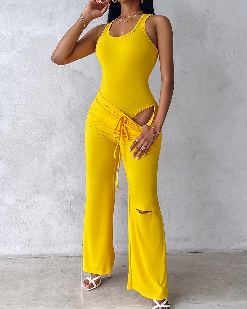 U Neck Bodysuit & Drawstring Cutout Wide Leg Pants Set