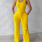 U Neck Bodysuit & Drawstring Cutout Wide Leg Pants Set