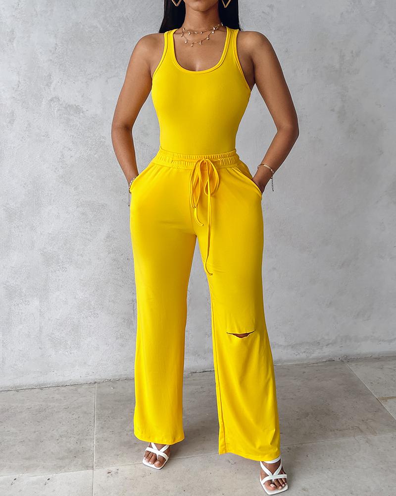 U Neck Bodysuit & Drawstring Cutout Wide Leg Pants Set