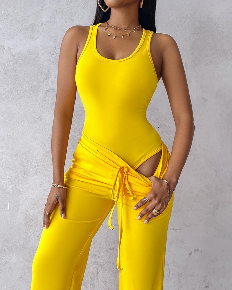 U Neck Bodysuit & Drawstring Cutout Wide Leg Pants Set