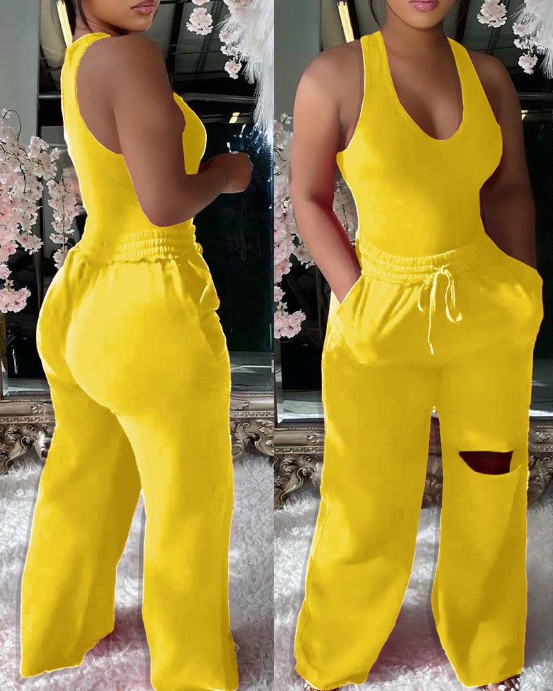 U Neck Bodysuit & Drawstring Cutout Wide Leg Pants Set