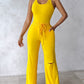 U Neck Bodysuit & Drawstring Cutout Wide Leg Pants Set