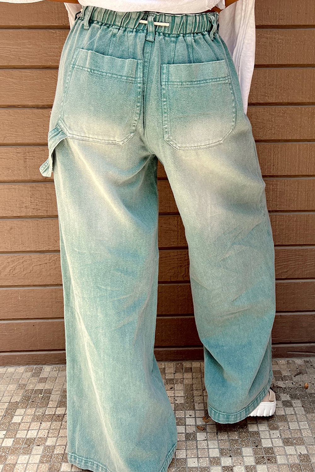 Smoke Green Mineral Wash Drawstring High Waist Wide Leg Jeans