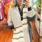 Black Stripe Colorblock Knit Henley Collar Shift Long Sleeve Mini Dress