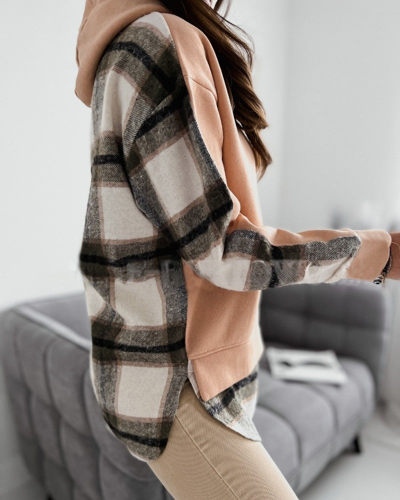 Colorblock Plaid Pattern Hoodie Side Slit Pullover Casual Sweatshirt With Brooch