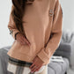 Colorblock Plaid Pattern Hoodie Side Slit Pullover Casual Sweatshirt With Brooch