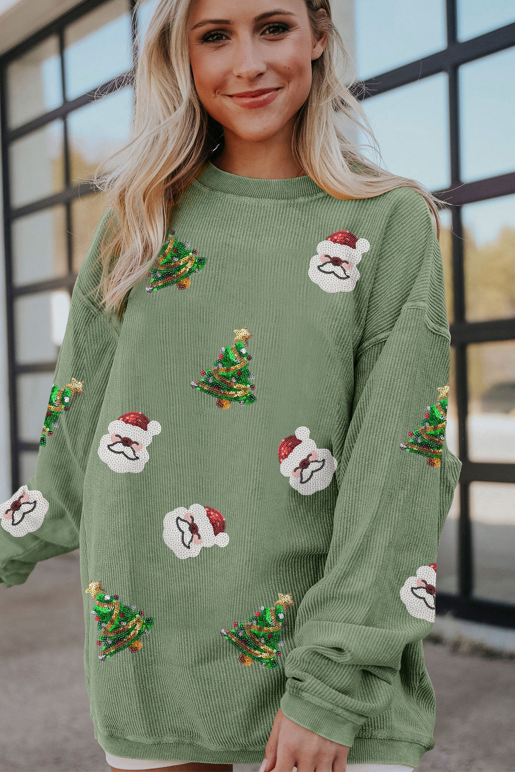 Grass Green Sequin Santa Clause Christmas Tree Patchwork Corded Sweatshirt