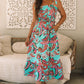 Green Abstract Print Smocked Bodice Knotted Straps Ruffled Maxi Dress