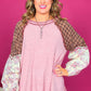 Pink Checkered Paisley Patchwork Raglan Sleeve Seamed Plus Size Top