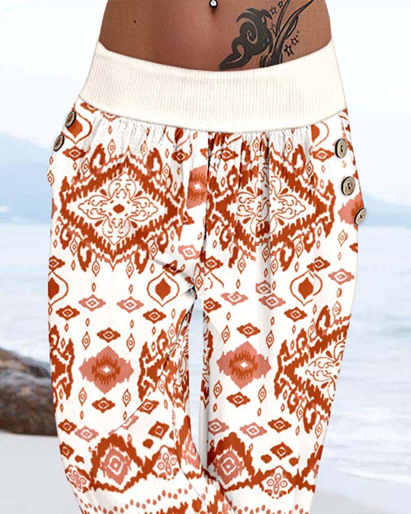 Tribal Print Low Waist Button Decor Capris Pants Vacation Pants with Pocket