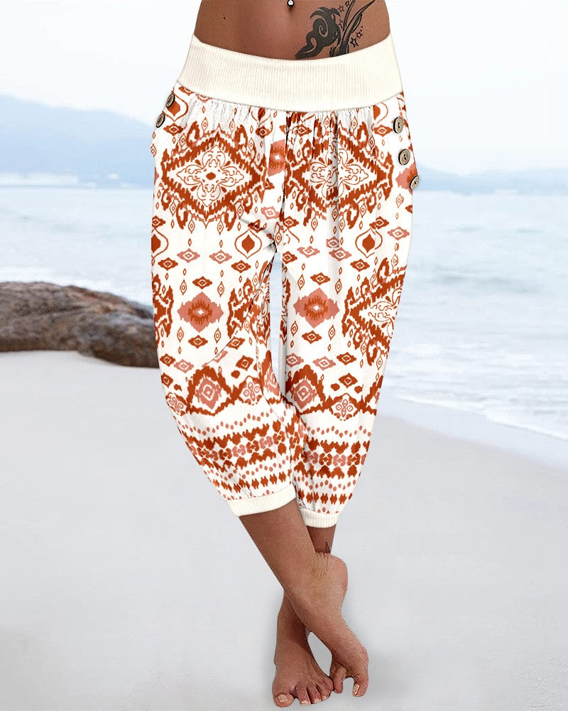 Tribal Print Low Waist Button Decor Capris Pants Vacation Pants with Pocket