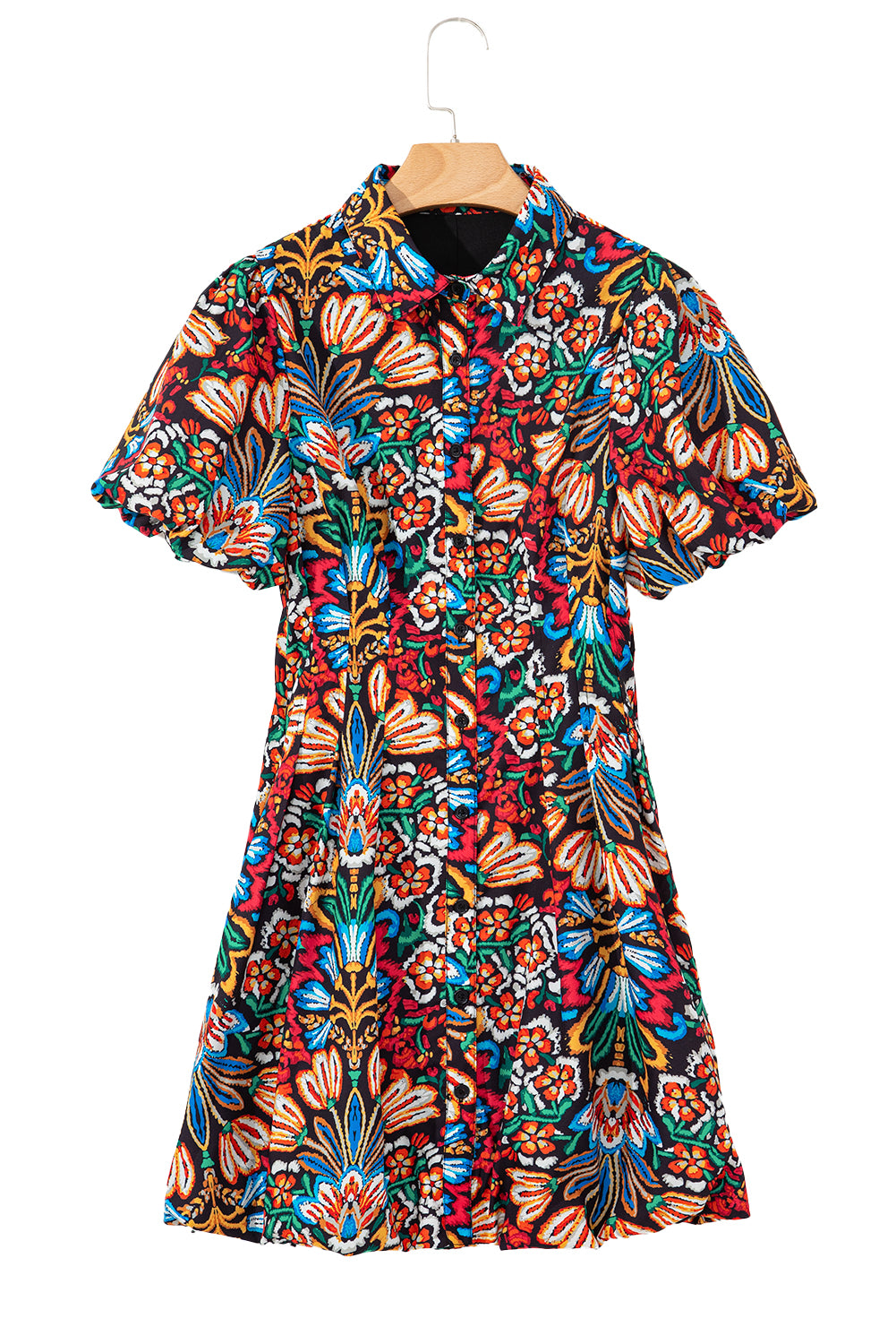 Multicolour Floral Puff Short Sleeve Shirt Mini Dress