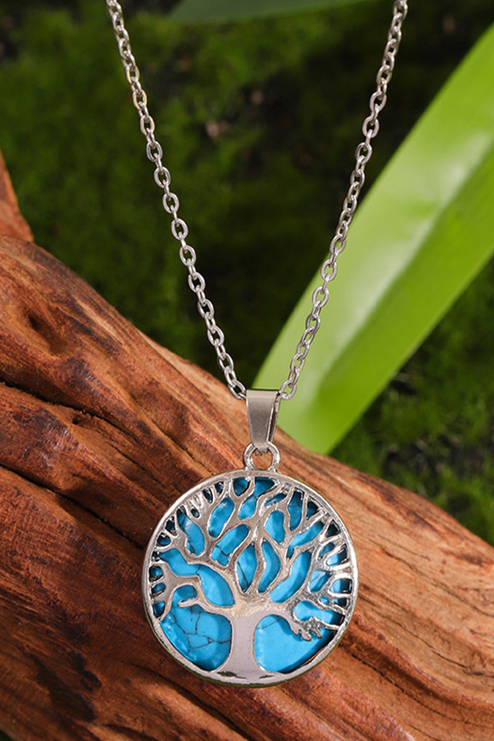 Blue Boho Tree of Life Crystal Round Pendant Necklace