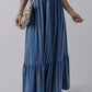 Sail Blue Solid Color Lace up High Waist Tiered Maxi Skirt