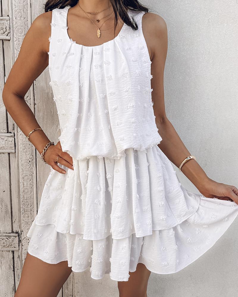 U Neck Thick Strap Ruched Ruffle Hem Layered Mini Dress Casual Dress