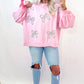 Light Pink Embroidered Bow Lantern Sleeve Oversized Pullover Sweatshirt