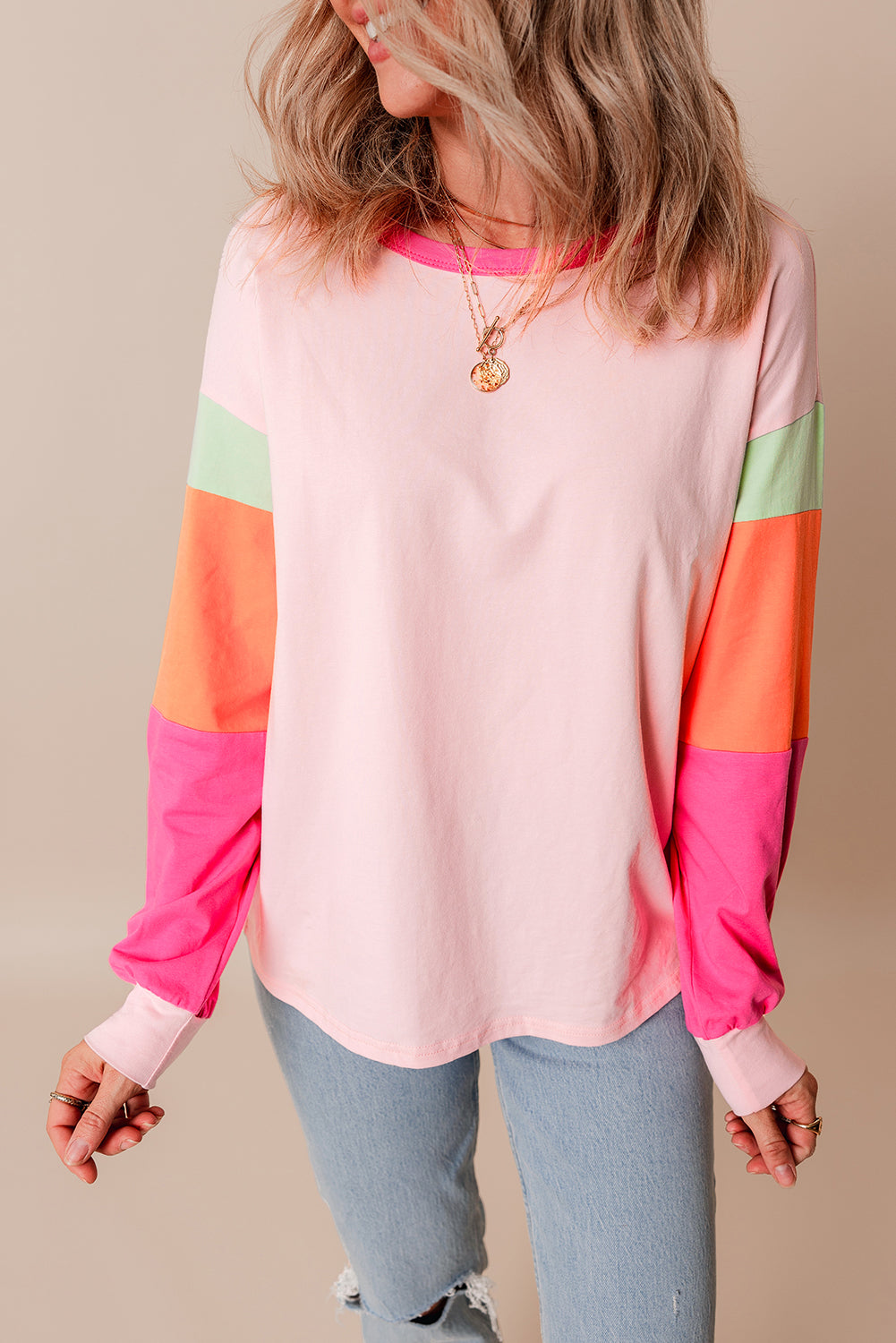 Pink Colorblock Patchwork Long Sleeve Loose Top