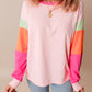 Pink Colorblock Patchwork Long Sleeve Loose Top