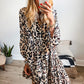 Black Leopard Print Buttoned Front 3/4 Sleeve Tiered Ruffled Hem Dress