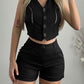 Hollow Out Buttoned Vest Top & Shorts Set