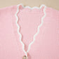 Pink Ribbed Knit Scalloped Edge Side Pockets Buttoned Cardigan