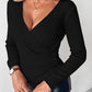 V Neck Ruched Side Button Decor Knit Sweater Slim Fit Pullover Top