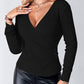 V Neck Ruched Side Button Decor Knit Sweater Slim Fit Pullover Top