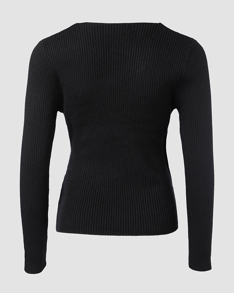 V Neck Ruched Side Button Decor Knit Sweater Slim Fit Pullover Top