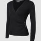 V Neck Ruched Side Button Decor Knit Sweater Slim Fit Pullover Top