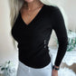 V Neck Ruched Side Button Decor Knit Sweater Slim Fit Pullover Top